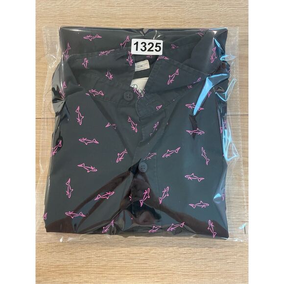 Bixby Slim Fit Shark Print Button Shirt Mens XL Black Neon Pink Coastal Casual - Picture 9 of 9